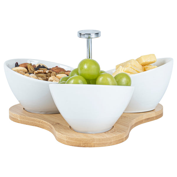 Restaurantware Chef 101 15 Oz Rectangle White Porcelain Incline Bowl Set - 3 Bowls Bamboo Tray - 8 3/4" X 8" X 5" - 1 Count Box