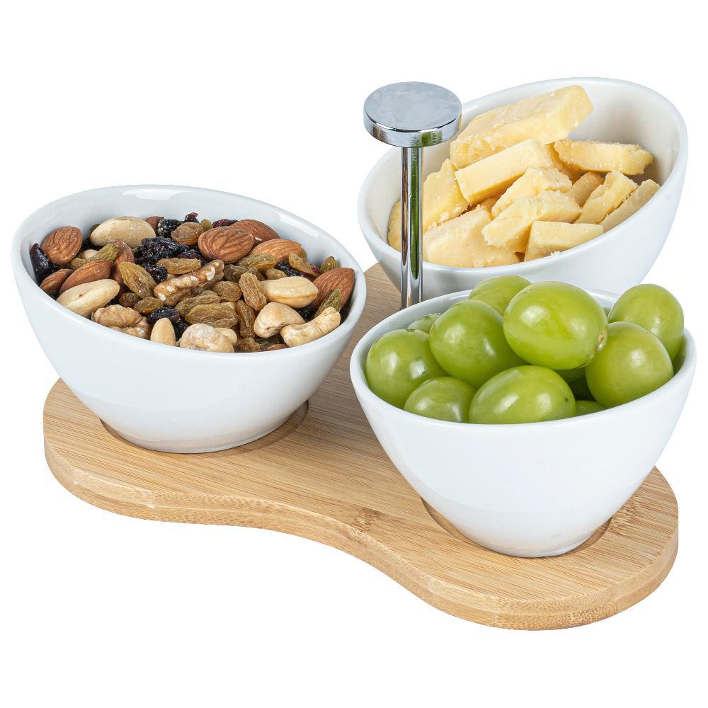 restaurantware Chef 101 15 oz Rectangle White Porcelain Incline Bowl Set - 3 Bowls Bamboo Tray - 8 3/4" x 8" x 5" - 1 count box