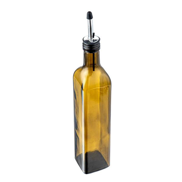 Restaurantware Chef 101 17 Oz Amber Glass Olive Oil Dispenser - With Stainless Steel Pourers Funnel Kit - 3 1/4" X 3 1/4" X 12 1/4" - 1 Count Box
