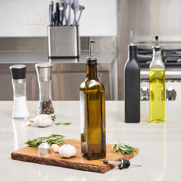 Restaurantware Chef 101 17 Oz Amber Glass Olive Oil Dispenser - With Stainless Steel Pourers Funnel Kit - 3 1/4" X 3 1/4" X 12 1/4" - 1 Count Box