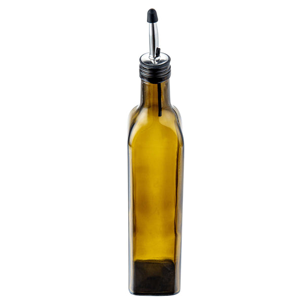 Restaurantware Chef 101 17 Oz Amber Glass Olive Oil Dispenser - With Stainless Steel Pourers Funnel Kit - 3 1/4" X 3 1/4" X 12 1/4" - 1 Count Box