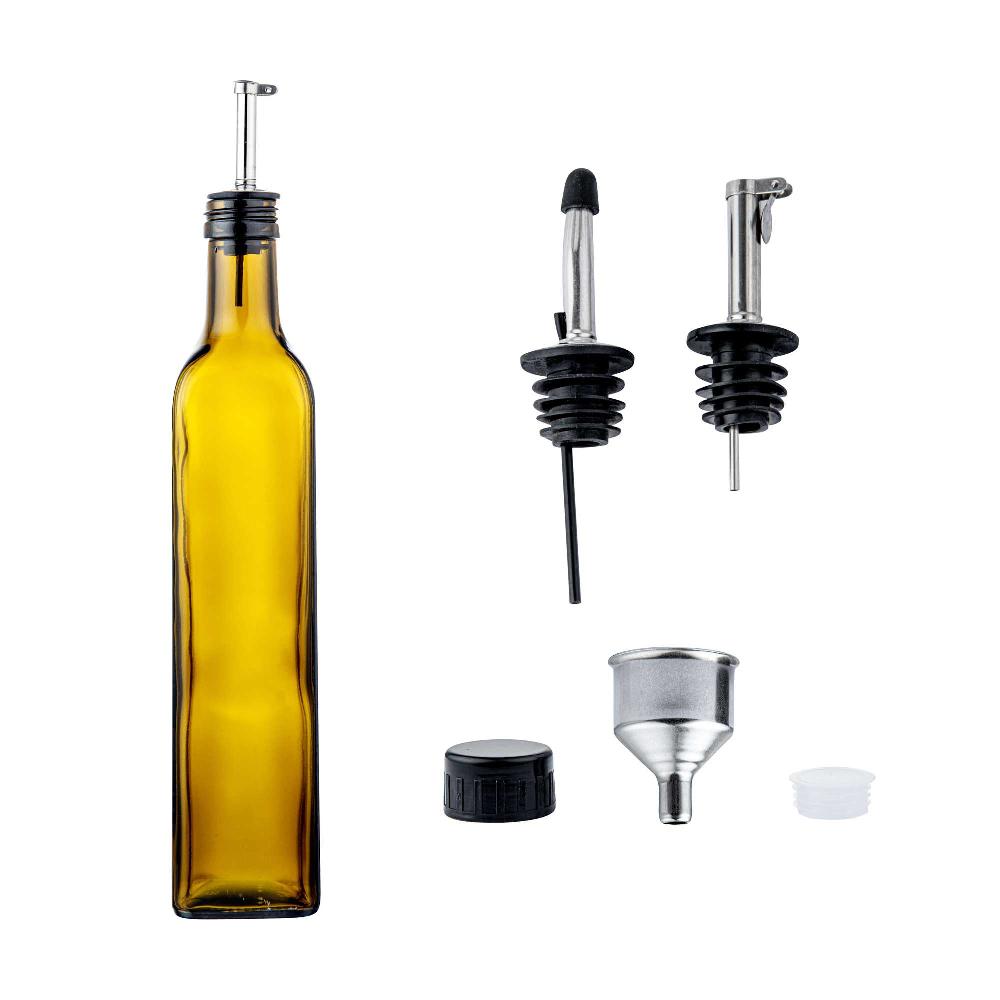 restaurantware Chef 101 17 oz Amber Glass Olive Oil Dispenser - with Stainless Steel Pourers Funnel Kit - 3 1/4" x 3 1/4" x 12 1/4" - 1 count box