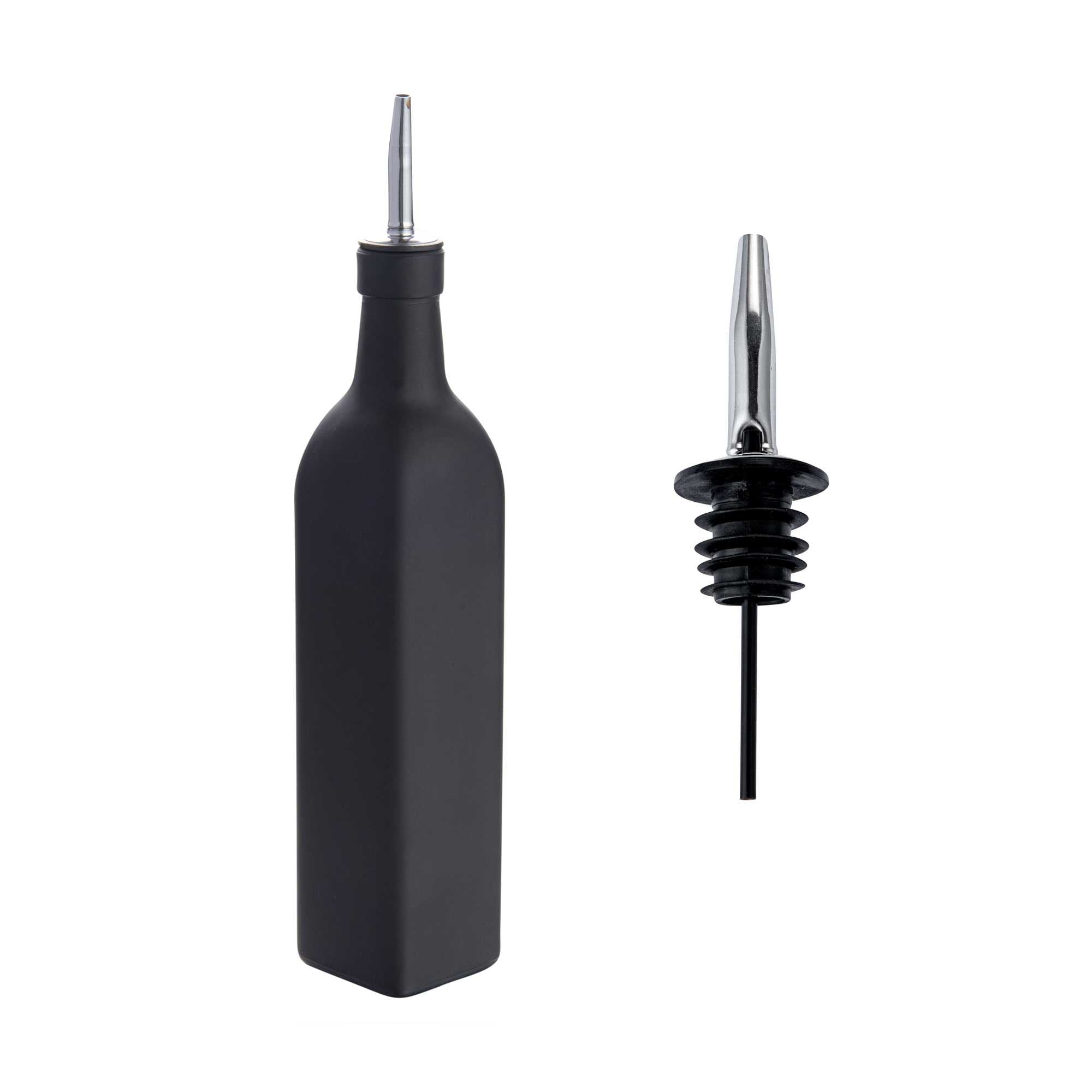 restaurantware Chef 101 17 oz Black Glass Olive Oil Dispenser - with Stainless Steel Pourer Funnel Kit - 2 1/4" x 2 1/4" x 12 1/2" - 1 count box