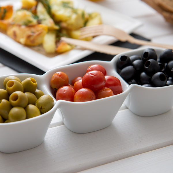 Restaurantware Chef 101 18 Oz Square White Porcelain Triplets Convex Bowl Set - 9 1/2" X 3 1/2" X 2" - 1 Count Box