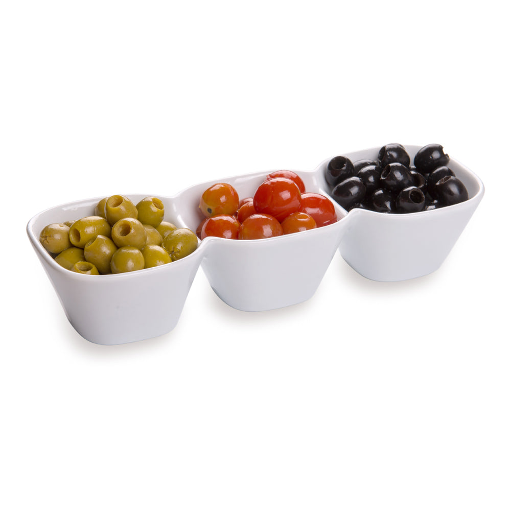 restaurantware Chef 101 18 oz Square White Porcelain Triplets Convex Bowl Set - 9 1/2" x 3 1/2" x 2" - 1 count box