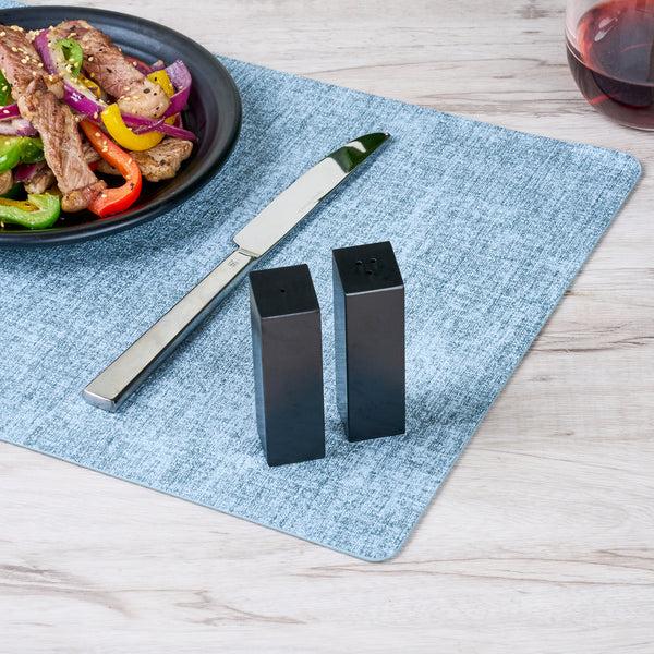 Restaurantware Chef 101 2 Oz Black Stainless Steel Rectangular Salt And Pepper Shaker Set - 1" X 1" X 3 1/4" - 1 Count Box
