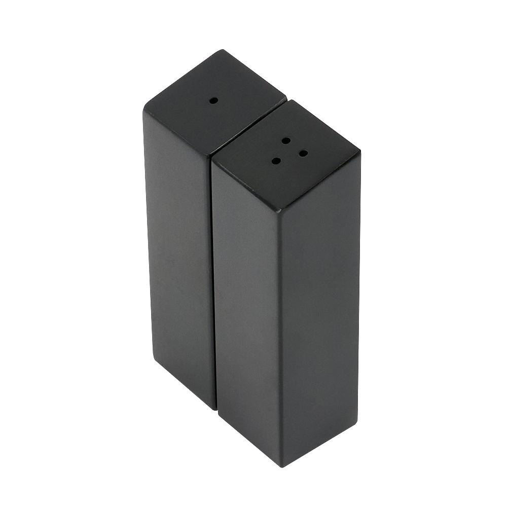 restaurantware Chef 101 2 oz Black Stainless Steel Rectangular Salt And Pepper Shaker Set - 1" x 1" x 3 1/4" - 1 count box