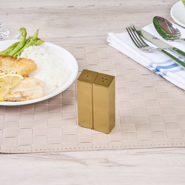 Restaurantware Chef 101 2 Oz Gold Stainless Steel Rectangular Salt And Pepper Shaker Set - 1" X 1" X 3 1/4" - 1 Count Box
