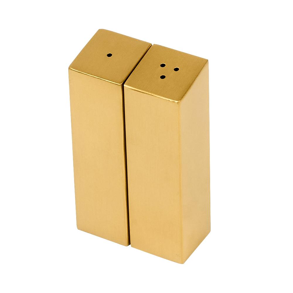restaurantware Chef 101 2 oz Gold Stainless Steel Rectangular Salt And Pepper Shaker Set - 1" x 1" x 3 1/4" - 1 count box
