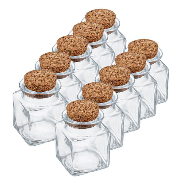 Restaurantware Chef 101 2 Oz Square Clear Glass Herb Storage Jar - With Cork Lid - 1 1/2" X 1 1/2" X 2" - 10 Count Box