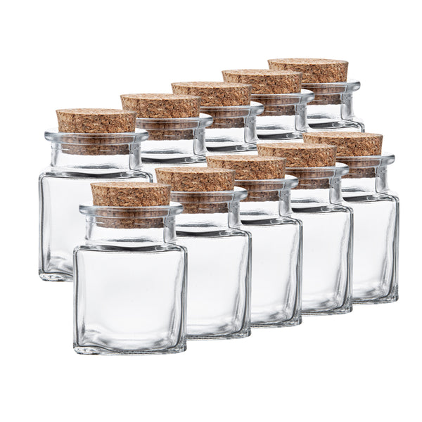 Restaurantware Chef 101 2 Oz Square Clear Glass Herb Storage Jar - With Cork Lid - 1 1/2" X 1 1/2" X 2" - 10 Count Box