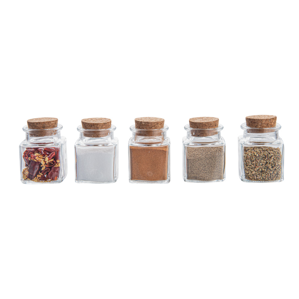restaurantware Chef 101 2 oz Square Clear Glass Herb Storage Jar - with Cork Lid - 1 1/2" x 1 1/2" x 2" - 10 count box
