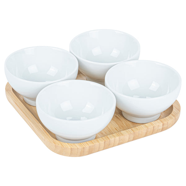 Restaurantware Chef 101 20 Oz Rectangle White Porcelain Coppa Bowl Set - 4 Bowls Bamboo Tray - 7" X 7" X 2 1/4" - 1 Count Box