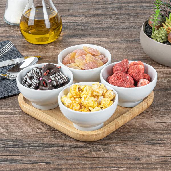 Restaurantware Chef 101 20 Oz Rectangle White Porcelain Coppa Bowl Set - 4 Bowls Bamboo Tray - 7" X 7" X 2 1/4" - 1 Count Box