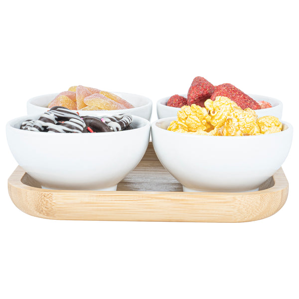 Restaurantware Chef 101 20 Oz Rectangle White Porcelain Coppa Bowl Set - 4 Bowls Bamboo Tray - 7" X 7" X 2 1/4" - 1 Count Box