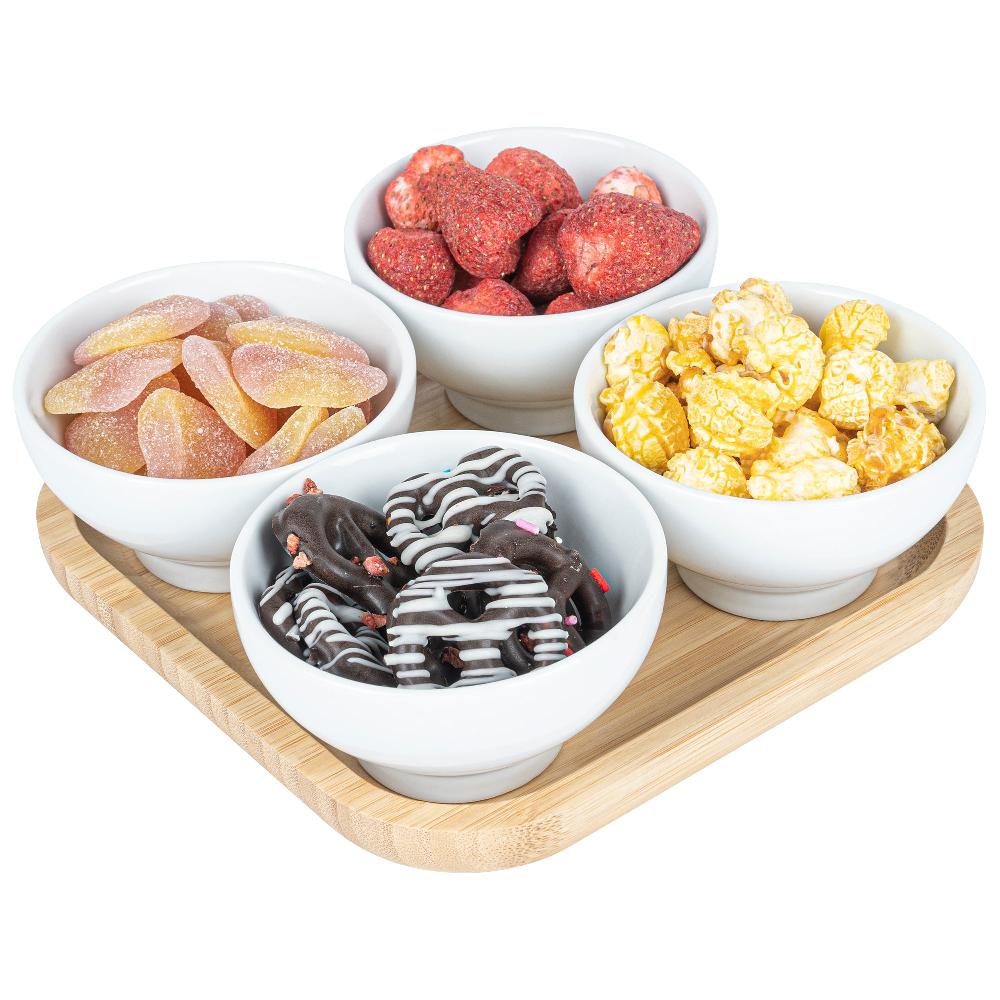 restaurantware Chef 101 20 oz Rectangle White Porcelain Coppa Bowl Set - 4 Bowls Bamboo Tray - 7" x 7" x 2 1/4" - 1 count box