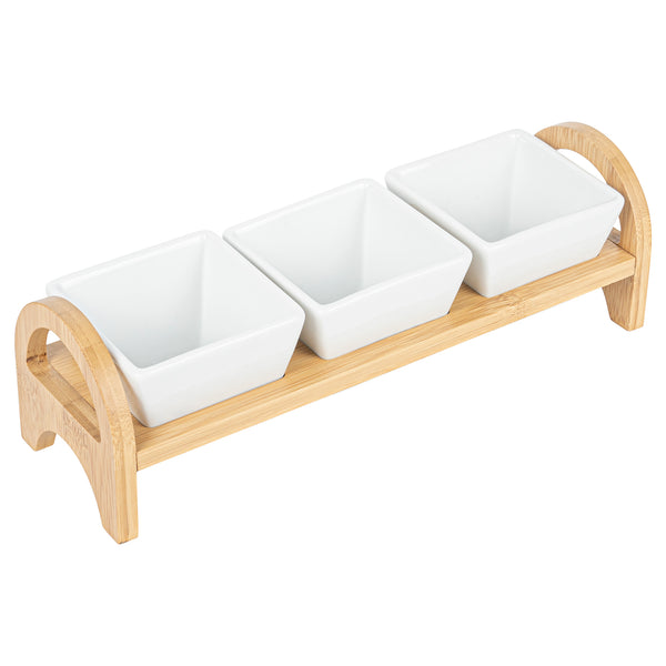 Restaurantware Chef 101 21 Oz Rectangle White Porcelain Kova Bowl Set - 3 Bowls Bamboo Tray - 12" X 3 3/4" X 3 1/2" - 1 Count Box