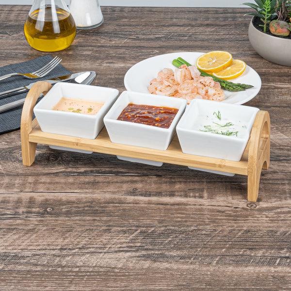 Restaurantware Chef 101 21 Oz Rectangle White Porcelain Kova Bowl Set - 3 Bowls Bamboo Tray - 12" X 3 3/4" X 3 1/2" - 1 Count Box