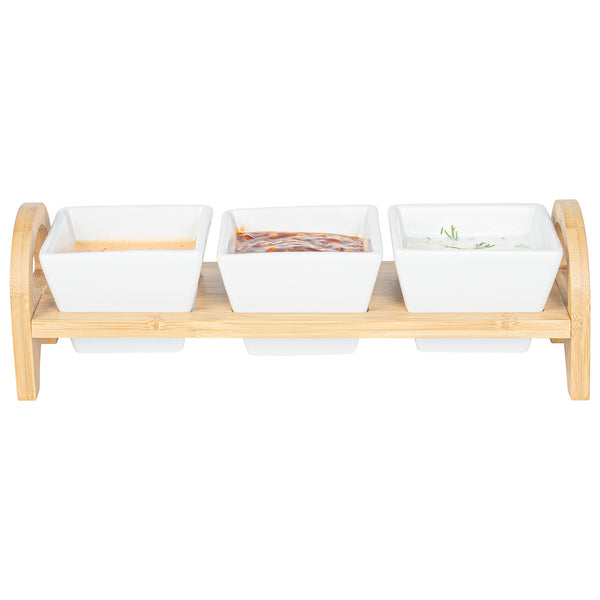 Restaurantware Chef 101 21 Oz Rectangle White Porcelain Kova Bowl Set - 3 Bowls Bamboo Tray - 12" X 3 3/4" X 3 1/2" - 1 Count Box