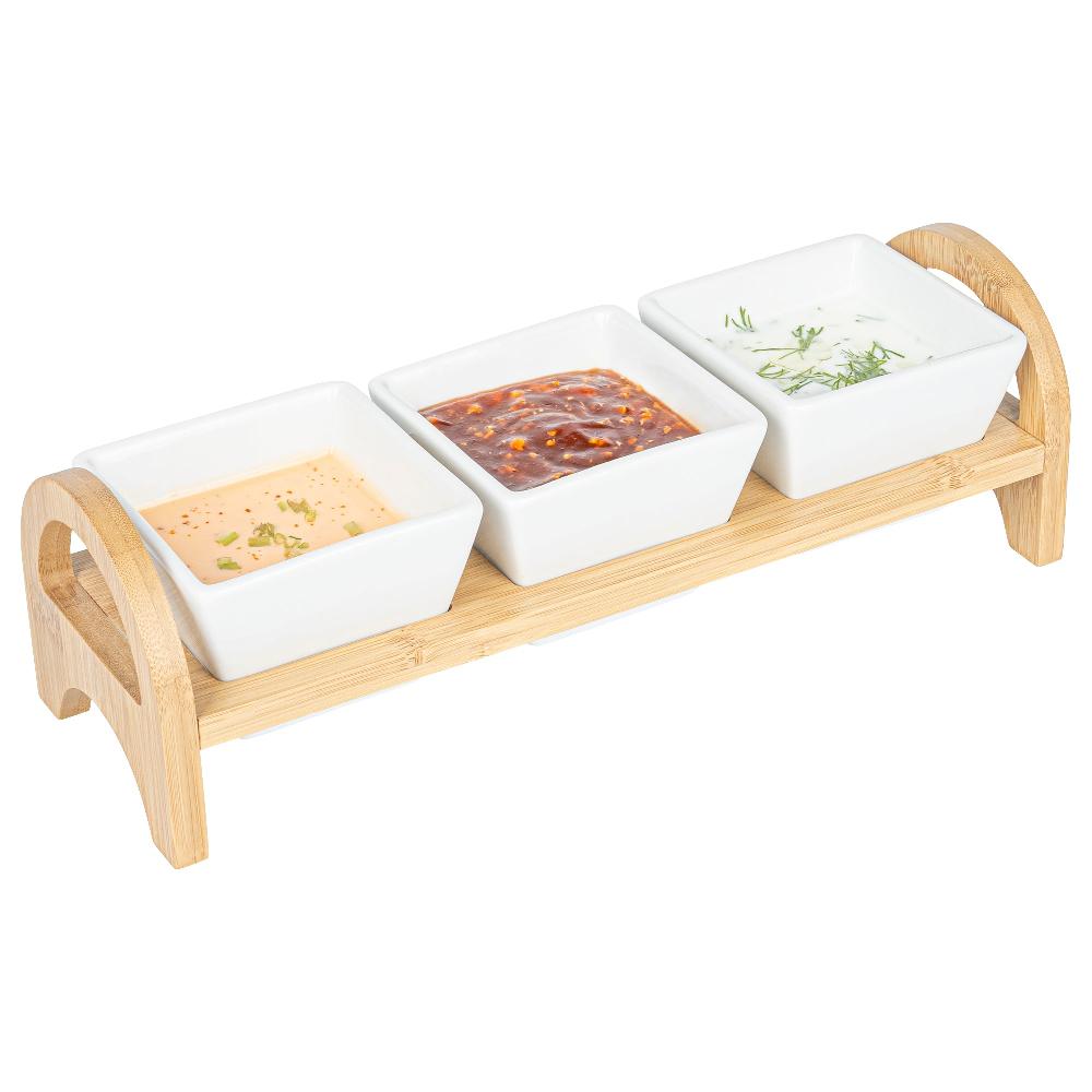 restaurantware Chef 101 21 oz Rectangle White Porcelain Kova Bowl Set - 3 Bowls Bamboo Tray - 12" x 3 3/4" x 3 1/2" - 1 count box