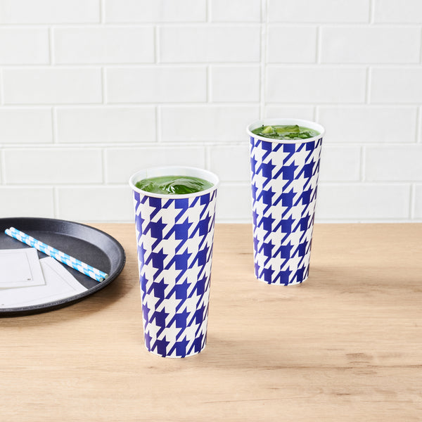 Restaurantware Chef 101 24 Oz Round Blue Houndstooth Paper Cold Cup - 3 1/2" X 3 1/2" X 7" - 500 Count Box