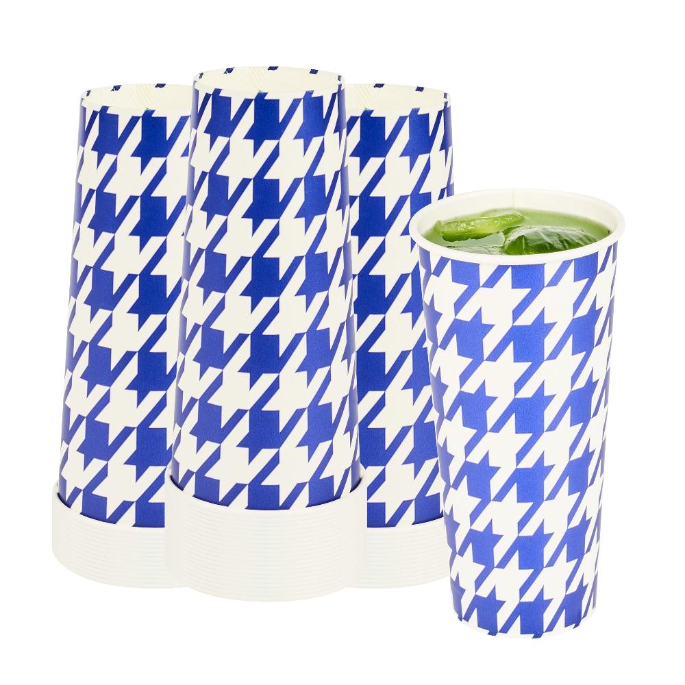 restaurantware Chef 101 24 oz Round Blue Houndstooth Paper Cold Cup - 3 1/2" x 3 1/2" x 7" - 500 count box