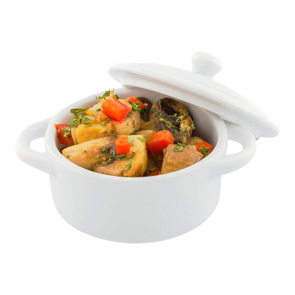 restaurantware Chef 101 3 oz Round White Porcelain Mini Cocotte - 4 1/4" x 3" x 2 1/2" - 10 count box