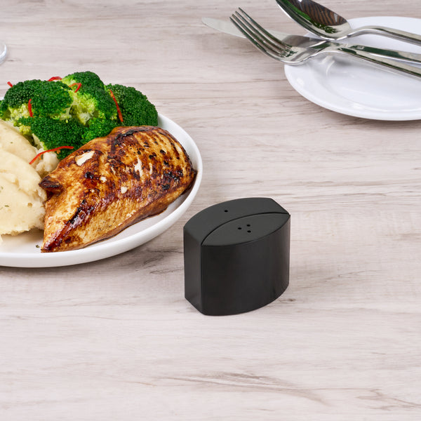 Restaurantware Chef 101 4 Oz Black Stainless Steel Embracing Salt And Pepper Shaker Set - 2.3 Oz/2.1 Oz - 2 1/2" X 2" X 1 3/4" - 1 Count Box