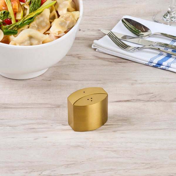 Restaurantware Chef 101 4 Oz Gold Stainless Steel Embracing Salt And Pepper Shaker Set - 2.3 Oz/2.1 Oz - 2 1/2" X 2" X 1 3/4" - 1 Count Box