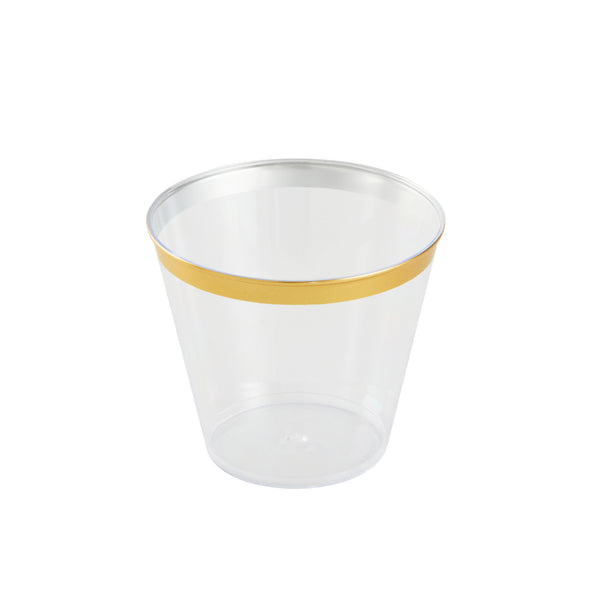 Restaurantware Chef 101 5 Oz Clear Plastic Tumbler - With Gold Rim - 2 3/4" X 2 3/4" X 2 1/4" - 500 Count Box