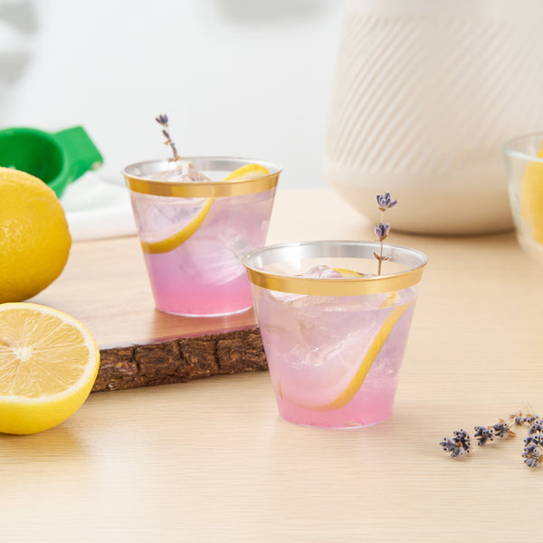 Restaurantware Chef 101 5 Oz Clear Plastic Tumbler - With Gold Rim - 2 3/4" X 2 3/4" X 2 1/4" - 500 Count Box