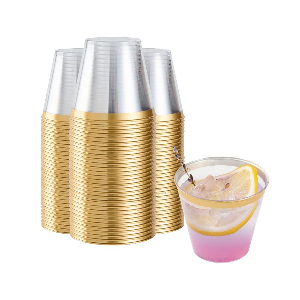 restaurantware Chef 101 5 oz Clear Plastic Tumbler - with Gold Rim - 2 3/4" x 2 3/4" x 2 1/4" - 500 count box