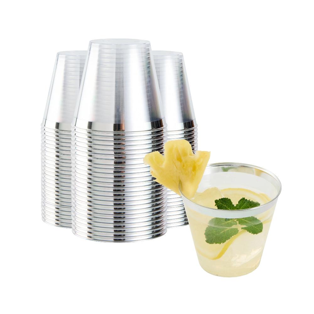 restaurantware Chef 101 5 oz Clear Plastic Tumbler - with Silver Rim - 2 3/4" x 2 3/4" x 2 1/4" - 500 count box