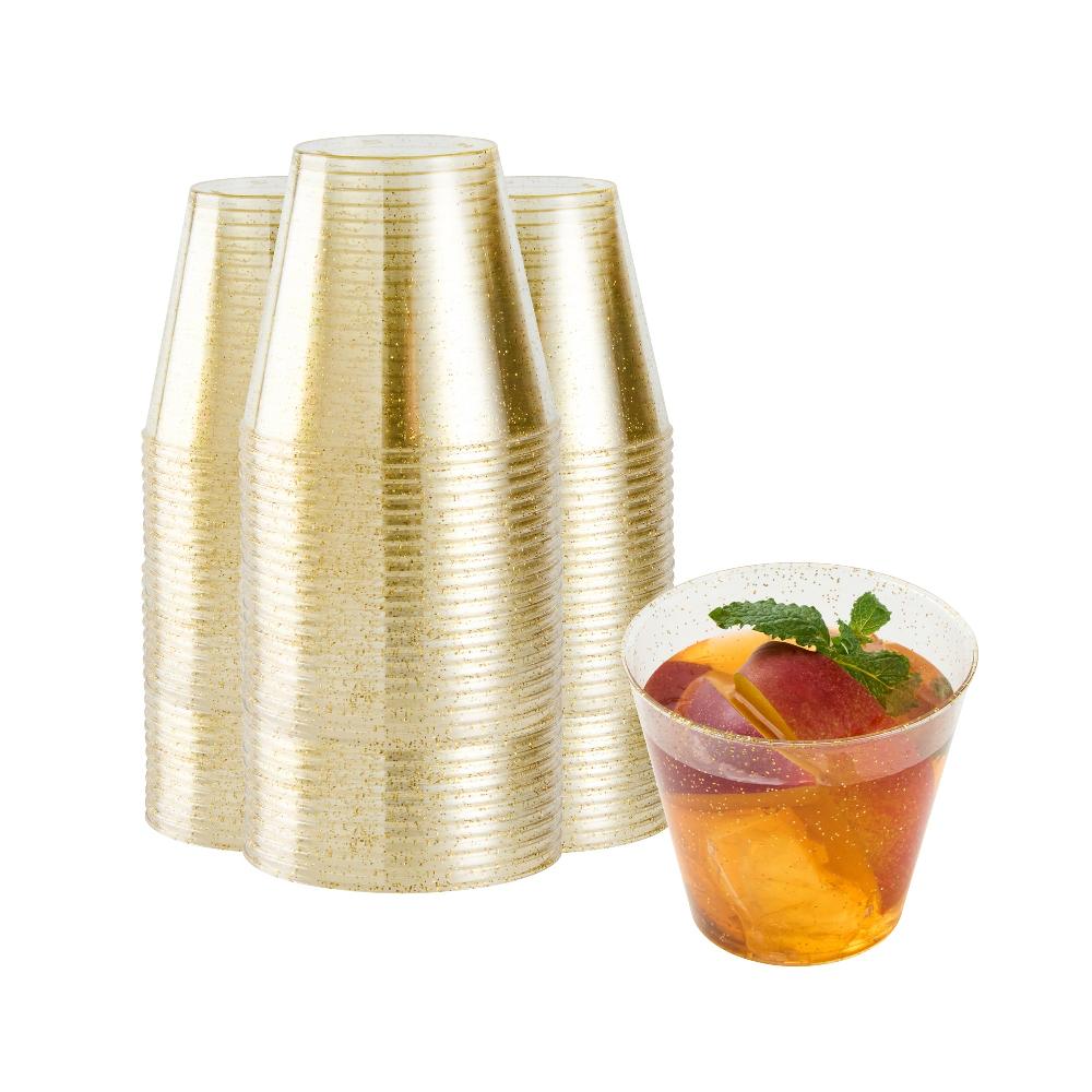 restaurantware Chef 101 5 oz Gold Glitter Plastic Tumbler - 2 3/4" x 2 3/4" x 2 1/4" - 500 count box