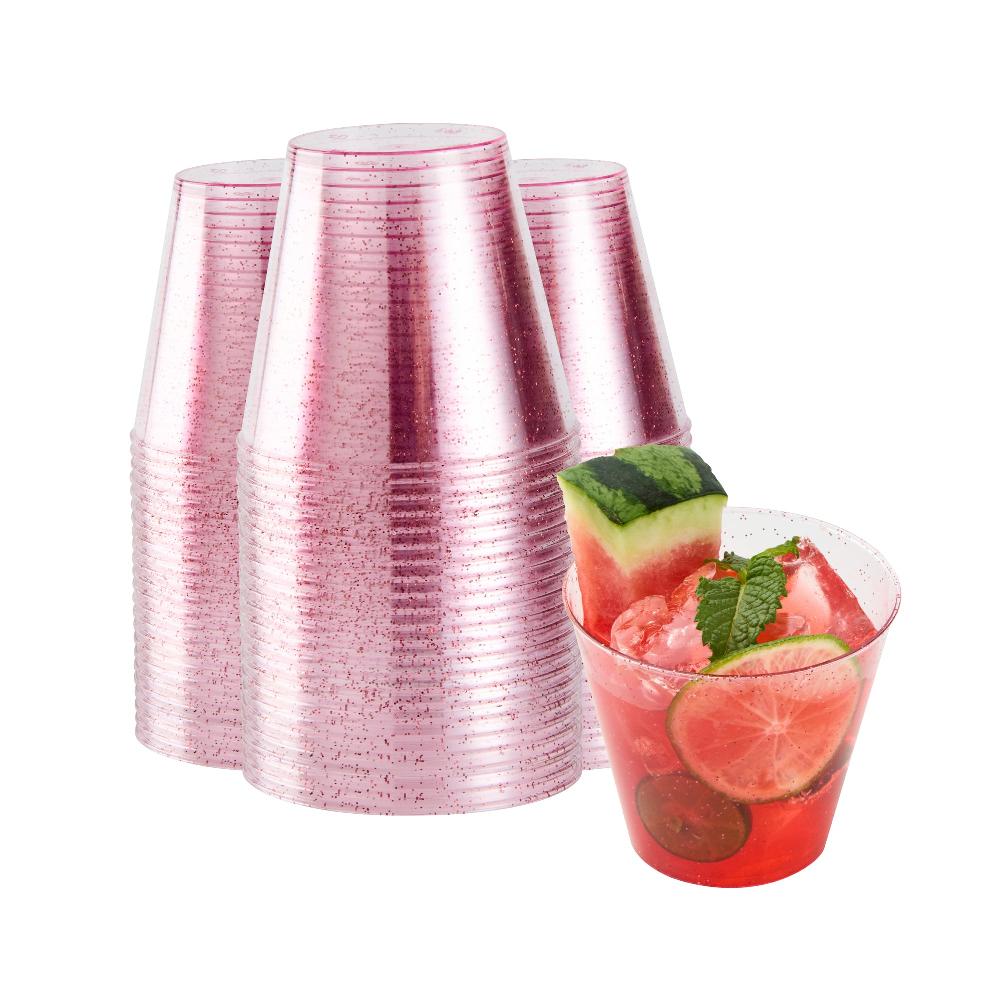 restaurantware Chef 101 5 oz Pink Glitter Plastic Tumbler - 2 3/4" x 2 3/4" x 2 1/4" - 500 count box