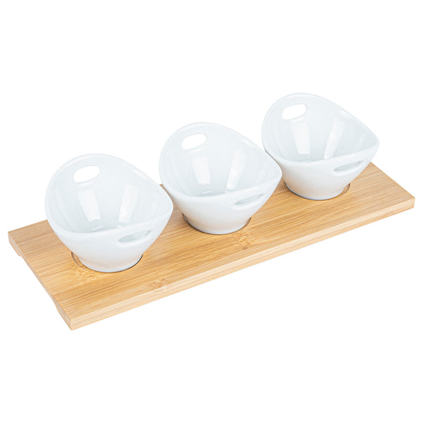 Restaurantware Chef 101 6 Oz Rectangle White Porcelain Basket Bowl Set - 3 Bowls Bamboo Tray - 11 3/4" X 4 1/4" X 2 1/2" - 1 Count Box