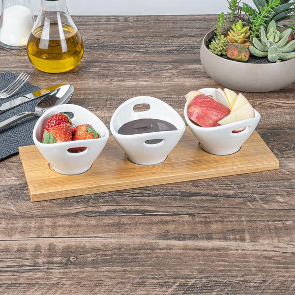 Restaurantware Chef 101 6 Oz Rectangle White Porcelain Basket Bowl Set - 3 Bowls Bamboo Tray - 11 3/4" X 4 1/4" X 2 1/2" - 1 Count Box