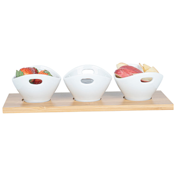 Restaurantware Chef 101 6 Oz Rectangle White Porcelain Basket Bowl Set - 3 Bowls Bamboo Tray - 11 3/4" X 4 1/4" X 2 1/2" - 1 Count Box