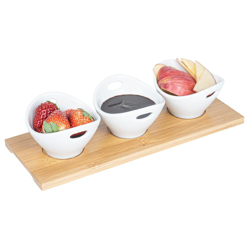 restaurantware Chef 101 6 oz Rectangle White Porcelain Basket Bowl Set - 3 Bowls Bamboo Tray - 11 3/4" x 4 1/4" x 2 1/2" - 1 count box