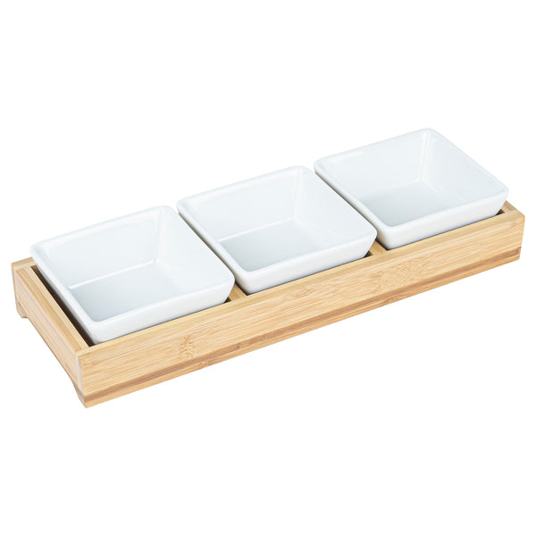 Restaurantware Chef 101 6 Oz Rectangle White Porcelain Modern Bowl Set - 3 Bowls Bamboo Tray - 11 3/4" X 4 1/4" X 2" - 1 Count Box