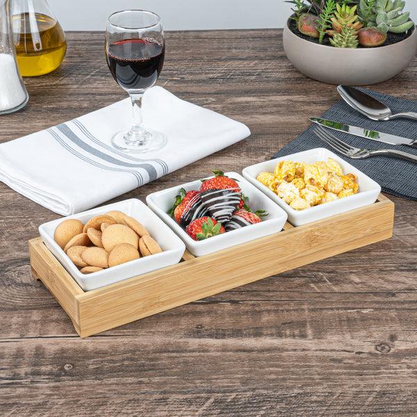 Restaurantware Chef 101 6 Oz Rectangle White Porcelain Modern Bowl Set - 3 Bowls Bamboo Tray - 11 3/4" X 4 1/4" X 2" - 1 Count Box