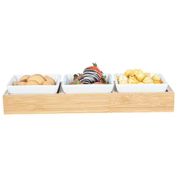 Restaurantware Chef 101 6 Oz Rectangle White Porcelain Modern Bowl Set - 3 Bowls Bamboo Tray - 11 3/4" X 4 1/4" X 2" - 1 Count Box