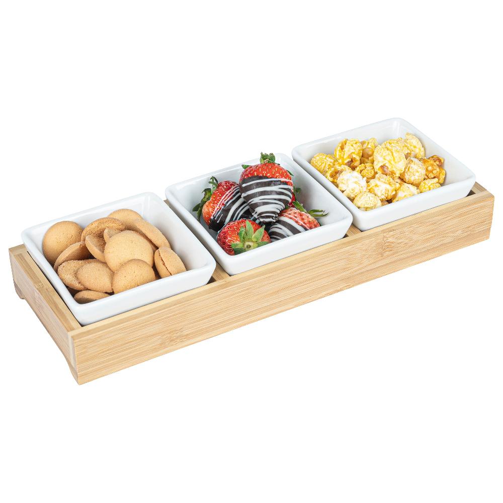 restaurantware Chef 101 6 oz Rectangle White Porcelain Modern Bowl Set - 3 Bowls Bamboo Tray - 11 3/4" x 4 1/4" x 2" - 1 count box