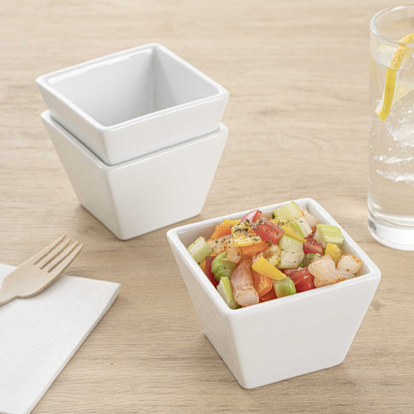 Restaurantware Chef 101 6 Oz Square White Porcelain Kova Bowl - 3 1/2" X 3 1/2" X 2 1/2" - 10 Count Box