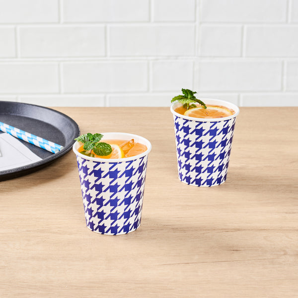 Restaurantware Chef 101 7 Oz Round Blue Houndstooth Paper Cold Cup - 2 3/4" X 2 3/4" X 3" - 500 Count Box