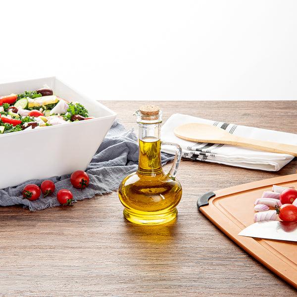 Restaurantware Chef 101 8 Oz Glass Elegant Olive Oil Dispenser - With Cork Lid - 3 1/2" X 3 1/2" X 6 1/2" - 1 Count Box