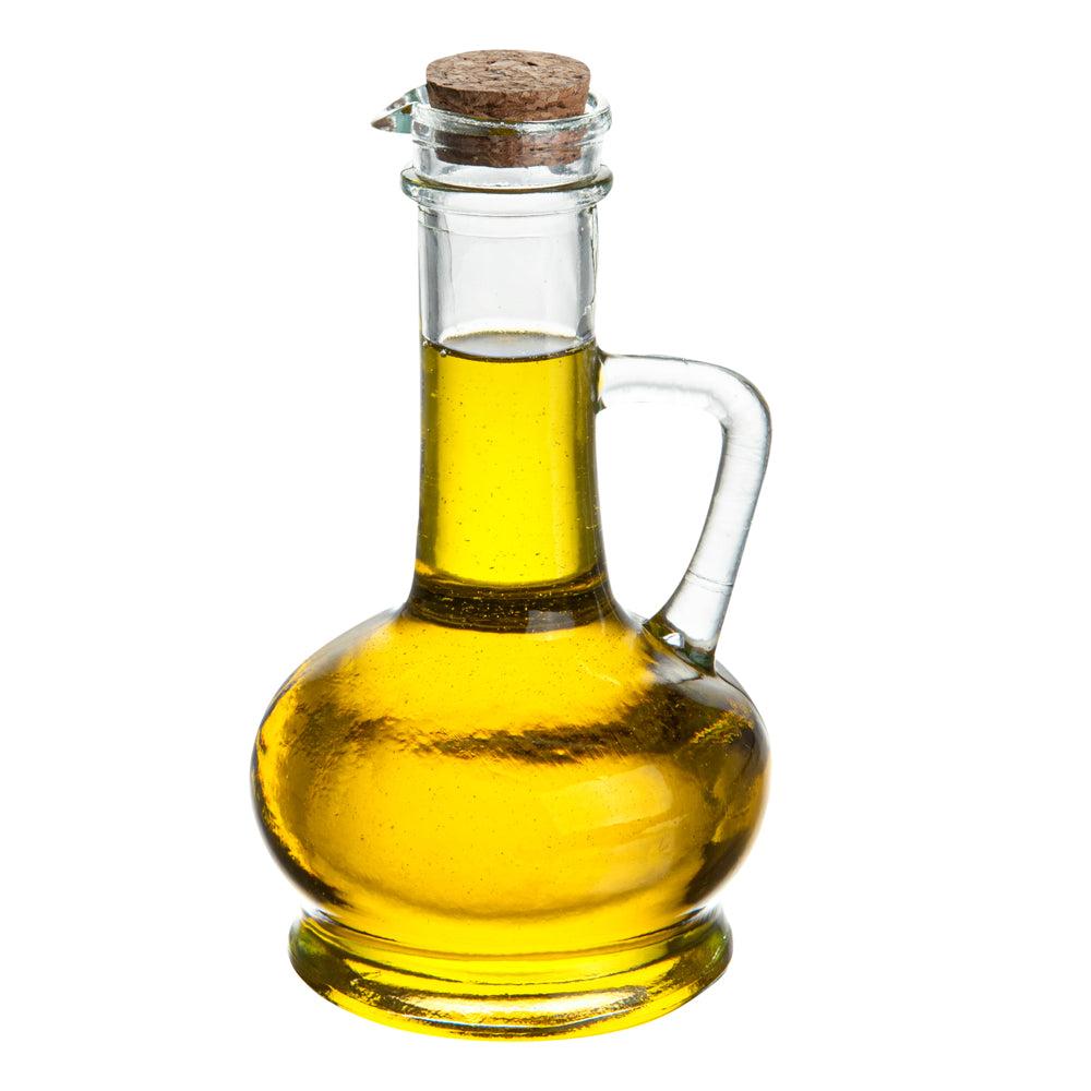 restaurantware Chef 101 8 oz Glass Elegant Olive Oil Dispenser - with Cork Lid - 3 1/2" x 3 1/2" x 6 1/2" - 1 count box