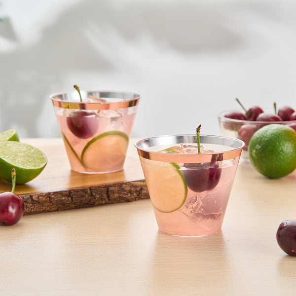 Restaurantware Chef 101 9 Oz Clear Plastic Tumbler - With Rose Gold Rim - 3 1/2" X 3 1/2" X 2 3/4" - 500 Count Box