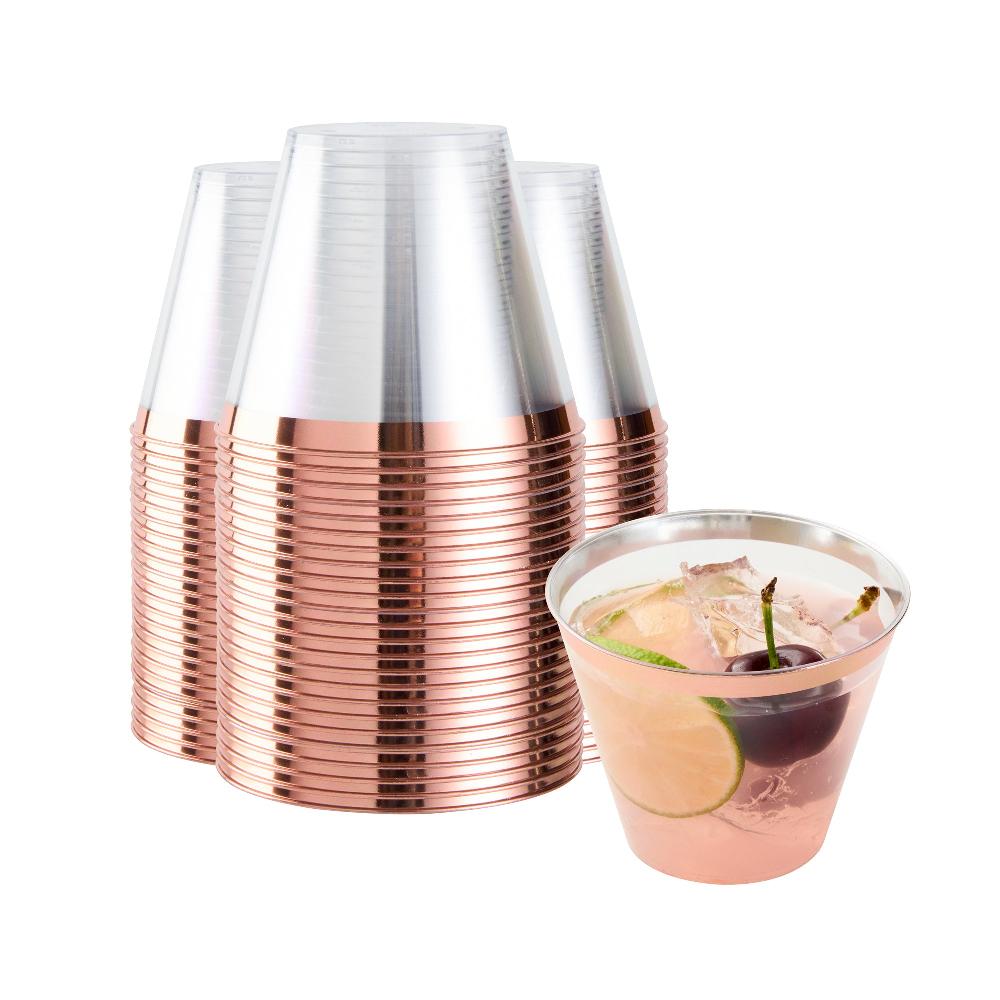 restaurantware Chef 101 9 oz Clear Plastic Tumbler - with Rose Gold Rim - 3 1/2" x 3 1/2" x 2 3/4" - 500 count box