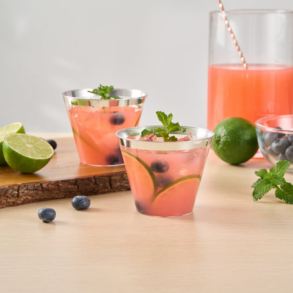 Restaurantware Chef 101 9 Oz Clear Plastic Tumbler - With Silver Rim - 3 1/2" X 3 1/2" X 2 3/4" - 500 Count Box